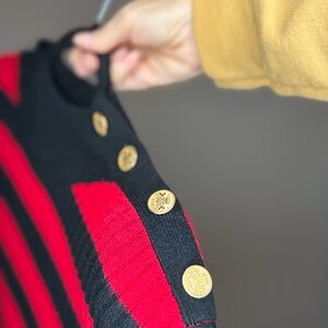 Express Black and Red Crewneck Sweater with Gold Buttons